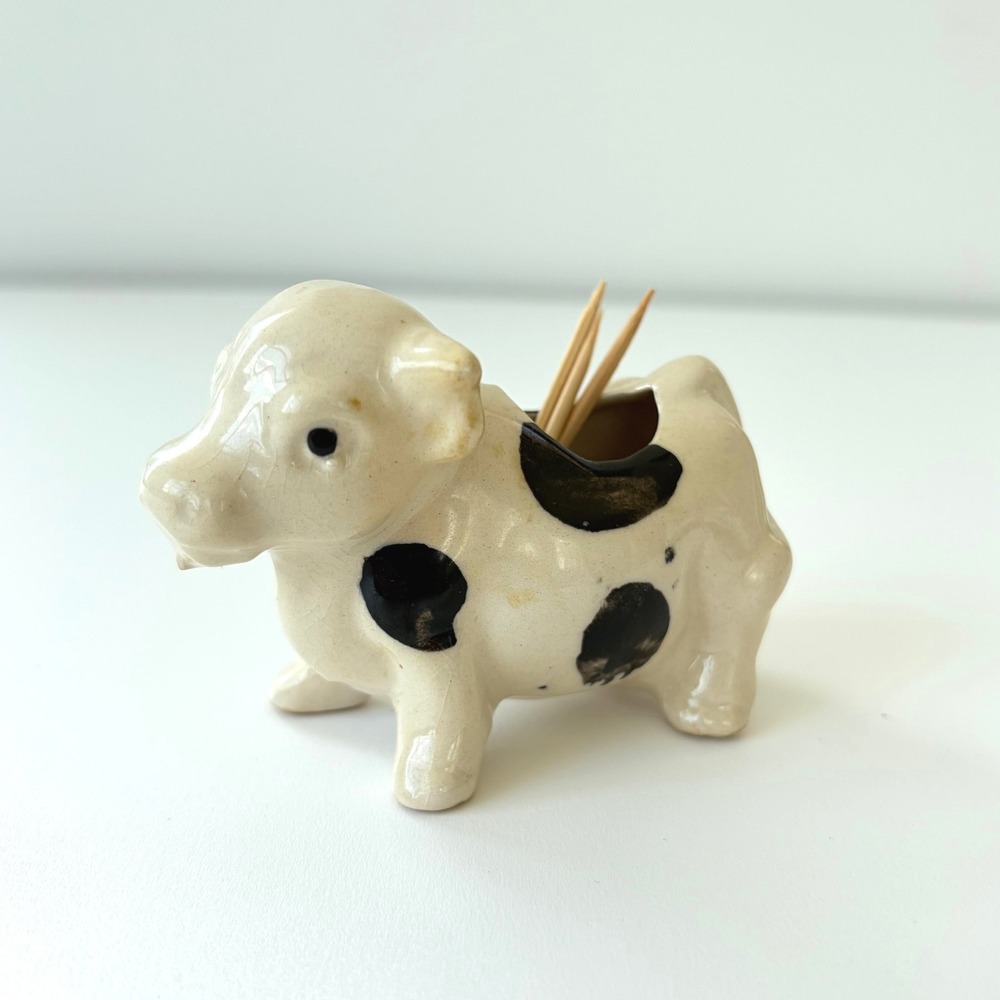 Vintage Ceramic Cow Toothpick Holder Black White Spotted Japan Farmhouse Decor